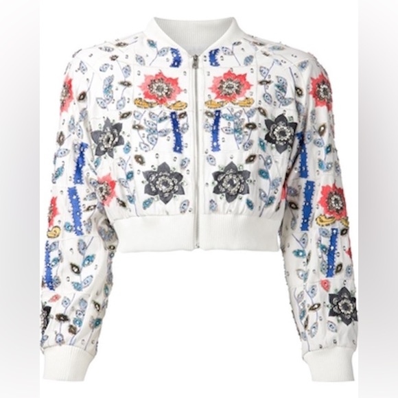 Alice + Olivia Silk Beaded Embroidered Bomber Jacket - Picture 5 of 11